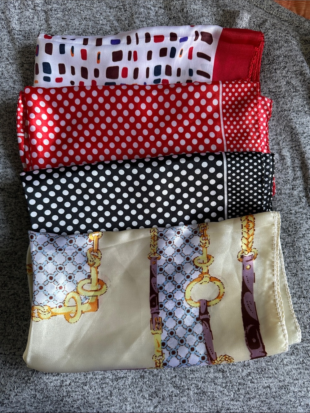 🧣✨ Set of 4 Satin-Like Square Scarves Mixed Prints Polka Dot Equestrian